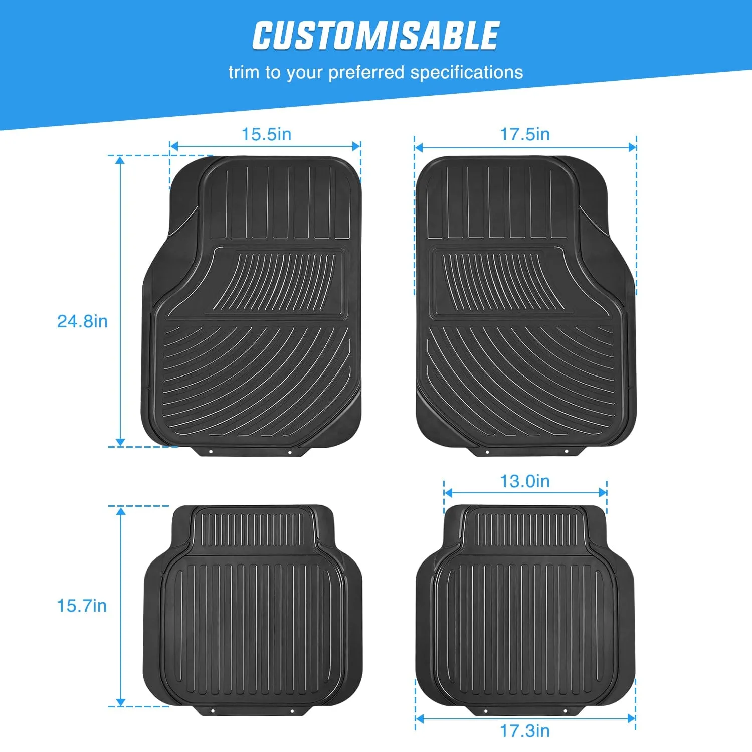 4Pcs Rubber Cargo Mats Universal Trim to fit Most Vehicles