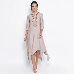 Beige Triangle Dress With Button Embroidery
