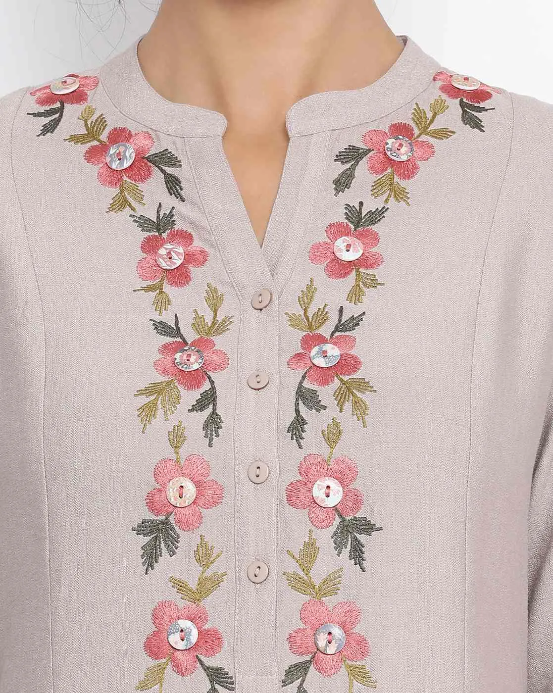 Beige Triangle Dress With Button Embroidery