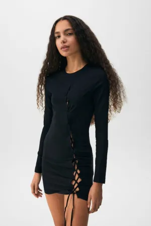 Black Short Dress With Lace-Up Cut-Out Detail