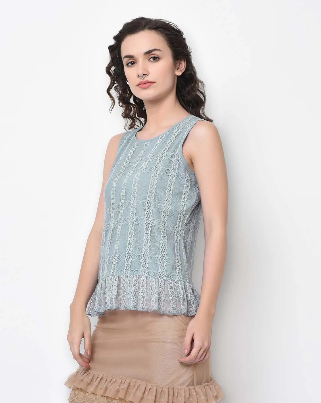 Blue Net Top With French Lace