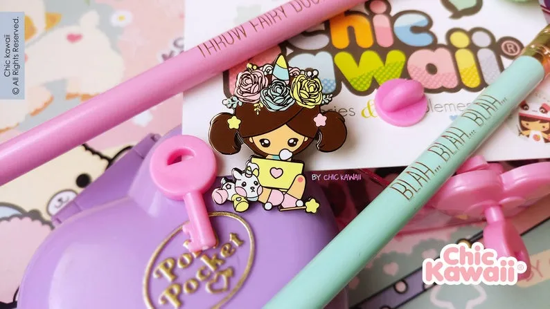 Chic Kawaii Unicorn Girl with Flowers Pin