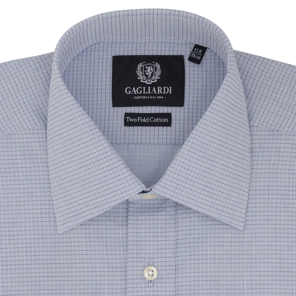 Mid Blue Checked Tailored Fit Classic Collar Shirt