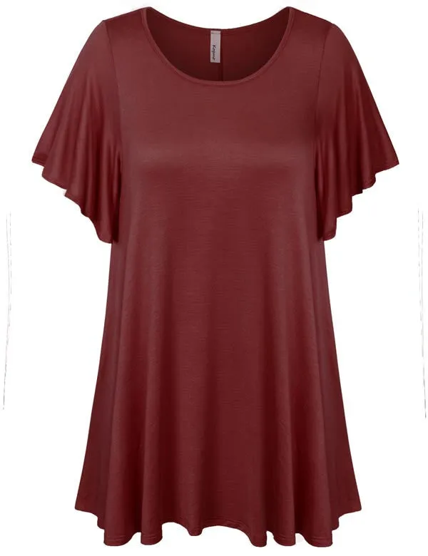 Solid Basic Loose Fit Tunic Top with Ruffle Sleeve (S-3X)