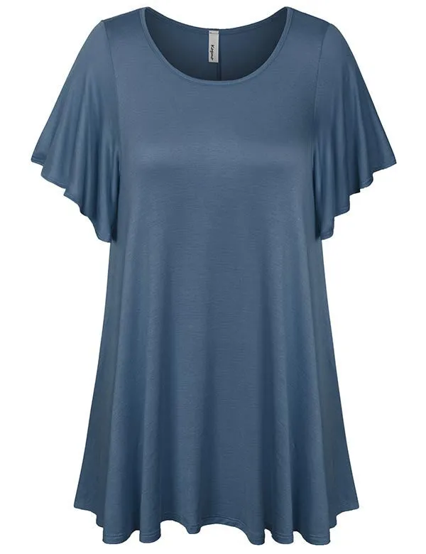 Solid Basic Loose Fit Tunic Top with Ruffle Sleeve (S-3X)