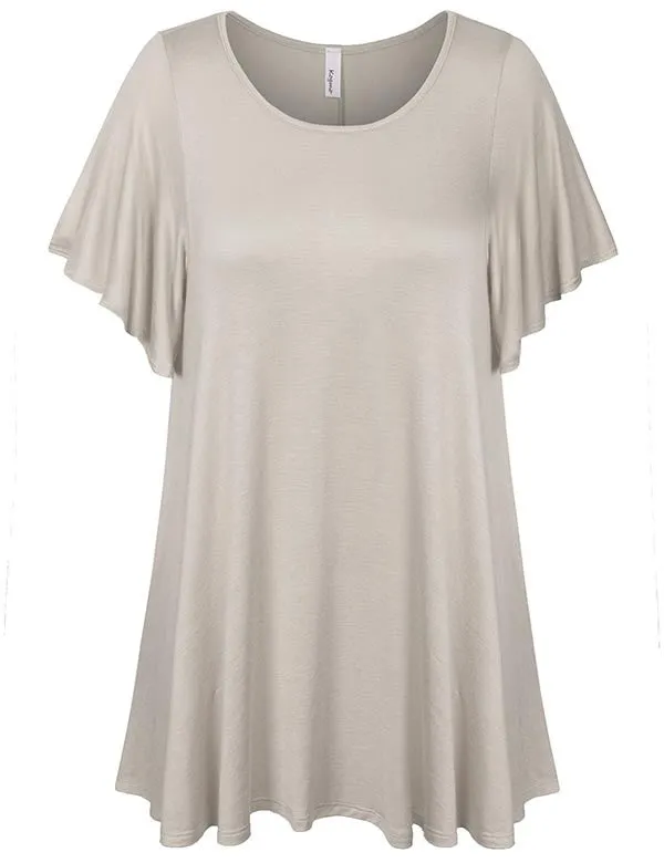 Solid Basic Loose Fit Tunic Top with Ruffle Sleeve (S-3X)