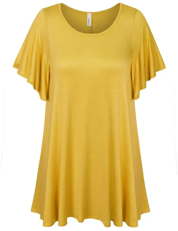 Solid Basic Loose Fit Tunic Top with Ruffle Sleeve (S-3X)