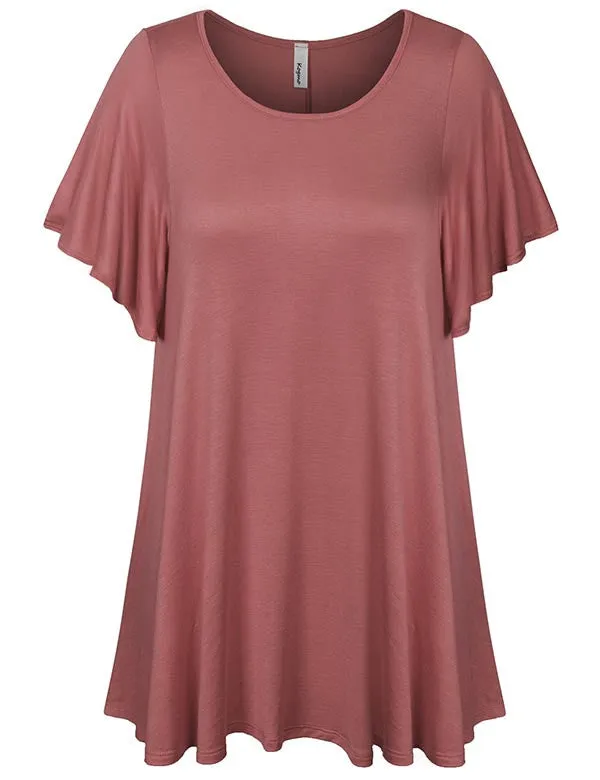 Solid Basic Loose Fit Tunic Top with Ruffle Sleeve (S-3X)