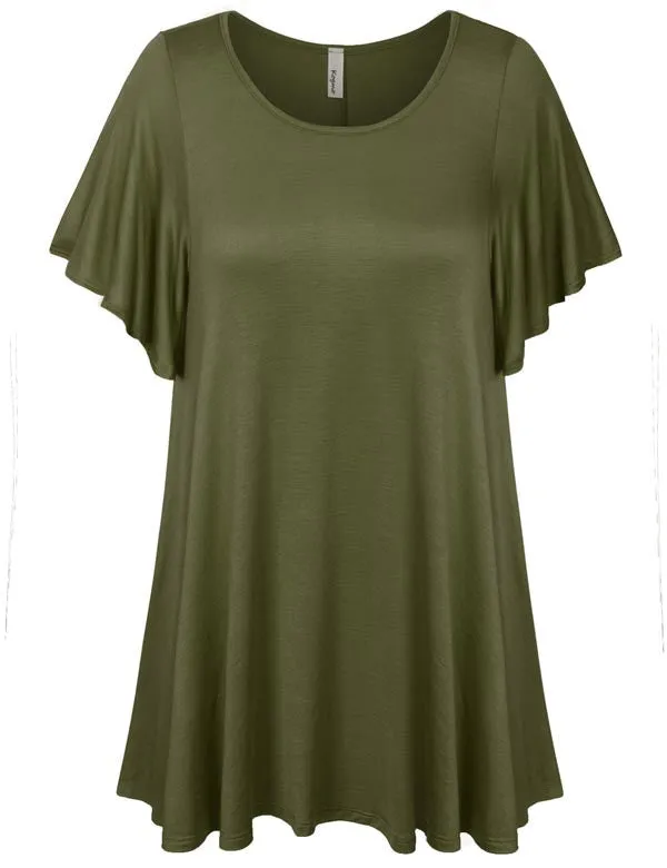 Solid Basic Loose Fit Tunic Top with Ruffle Sleeve (S-3X)