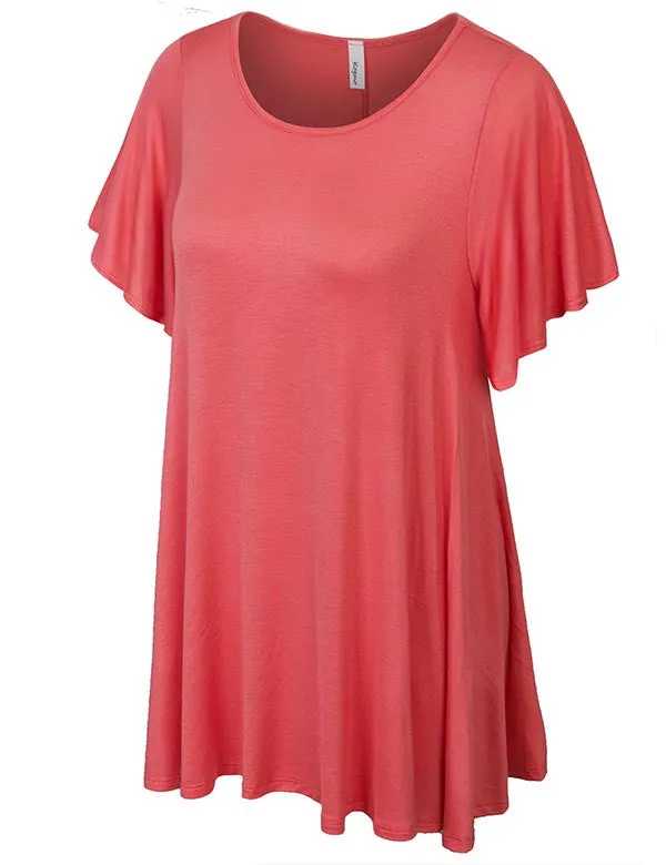 Solid Basic Loose Fit Tunic Top with Ruffle Sleeve (S-3X)