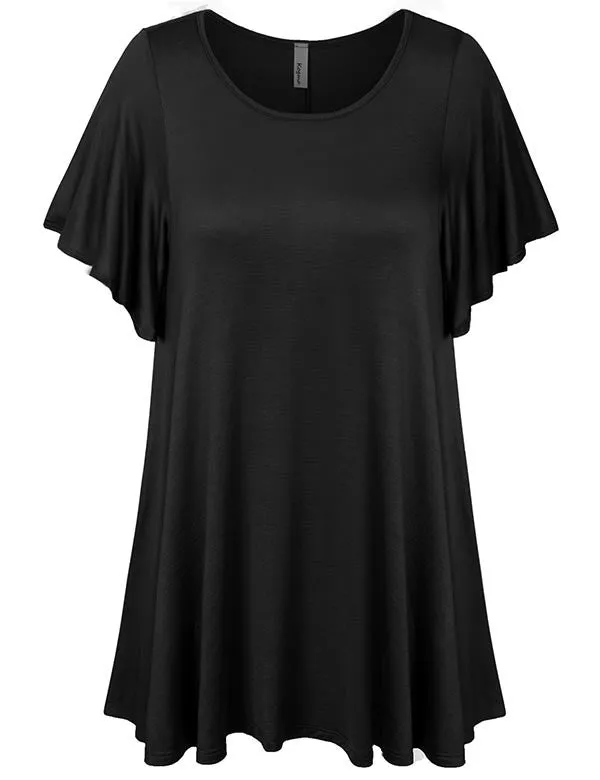 Solid Basic Loose Fit Tunic Top with Ruffle Sleeve (S-3X)