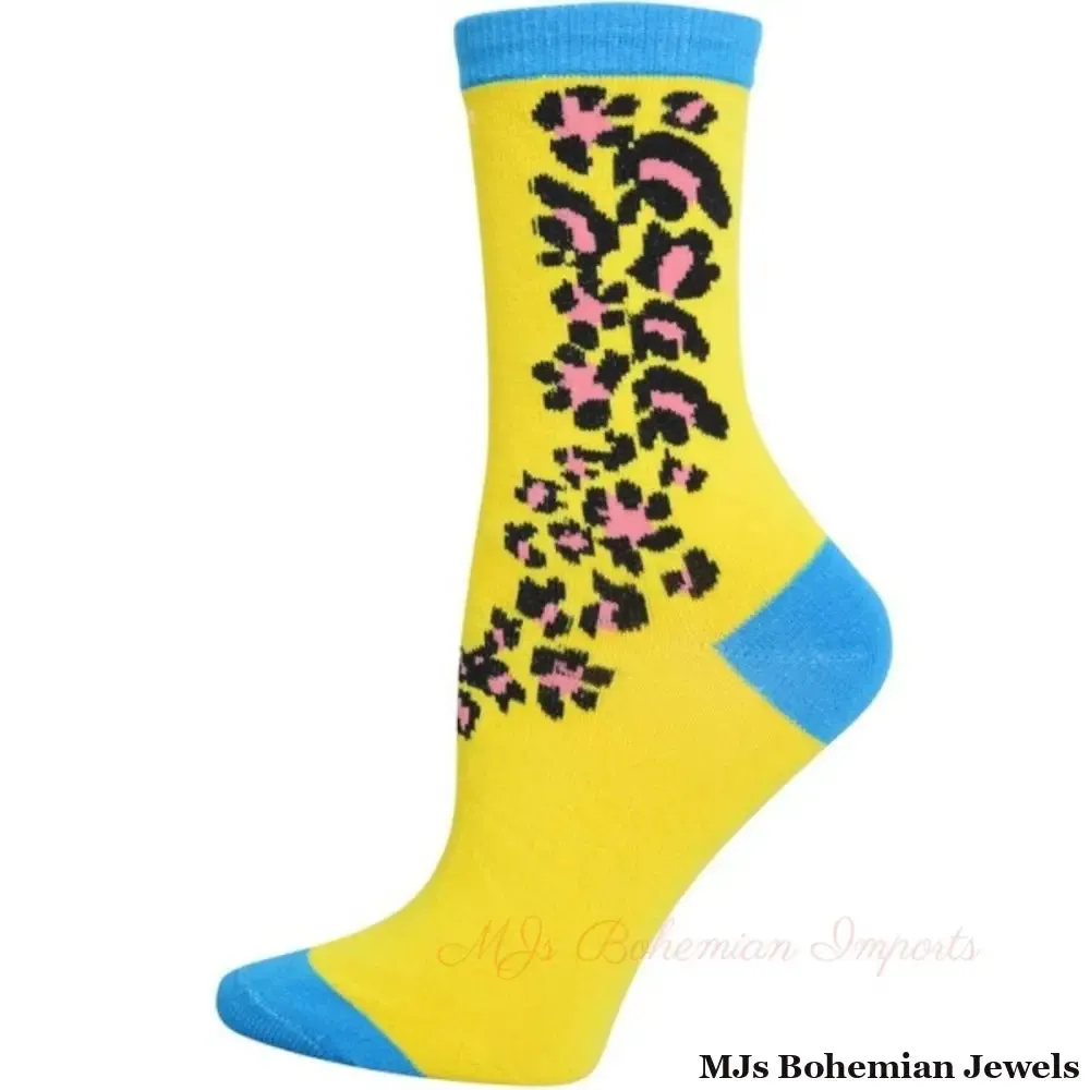 Yellow Blue Cheetah Crew Socks